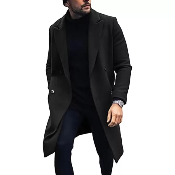 chouyatou Mens Winter Ntoch Lapel Double Breasted Wool Coat Warm Midi Long Pea CoatBlack