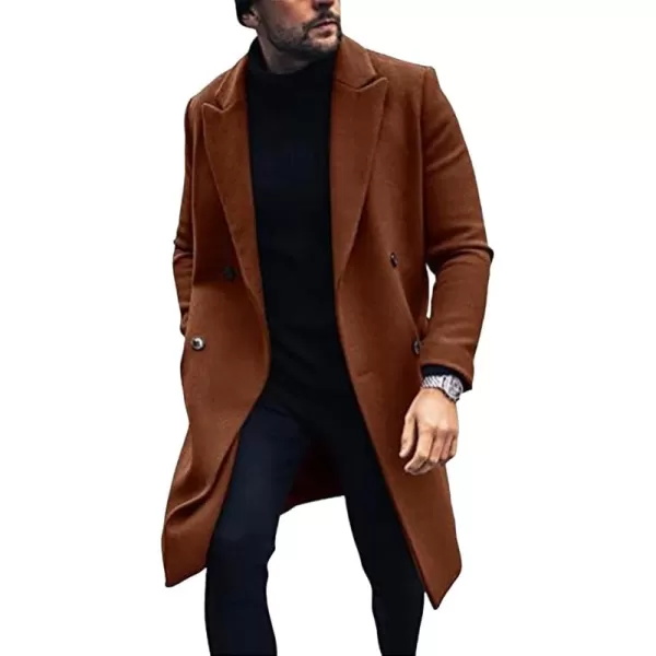 chouyatou Mens Winter Ntoch Lapel Double Breasted Wool Coat Warm Midi Long Pea CoatBrown
