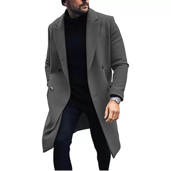 chouyatou Mens Winter Ntoch Lapel Double Breasted Wool Coat Warm Midi Long Pea CoatDark Grey