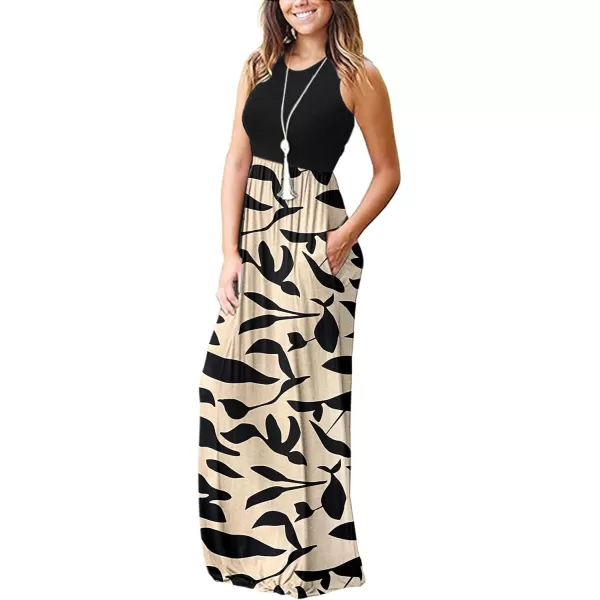 MOLERANI Womens Loose Plain Maxi Dresses Casual Long Dresses with Pockets02 Apricot Black Leaf