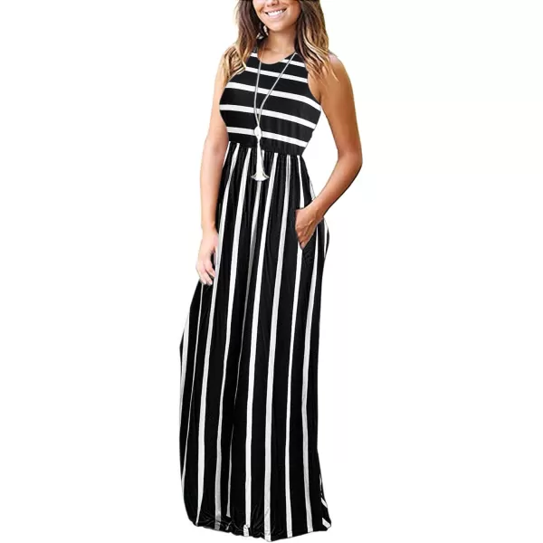 MOLERANI Womens Loose Plain Maxi Dresses Casual Long Dresses with Pockets02 Black White Stripes