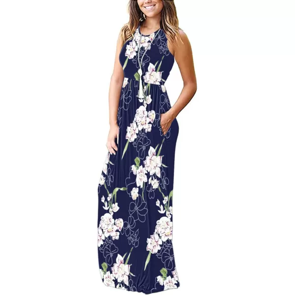 MOLERANI Womens Loose Plain Maxi Dresses Casual Long Dresses with Pockets02 Navy Blue Flower