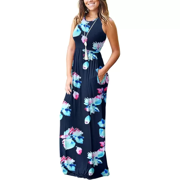 MOLERANI Womens Loose Plain Maxi Dresses Casual Long Dresses with Pockets02 Navy Pink Flower