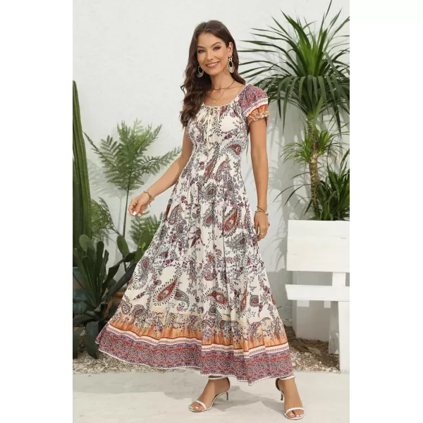 OSTOO Womens 2024 Summer Short Sleeves Boho Floral Print Tiered Casual Flowy Long Maxi DressApricot Cashew Floral
