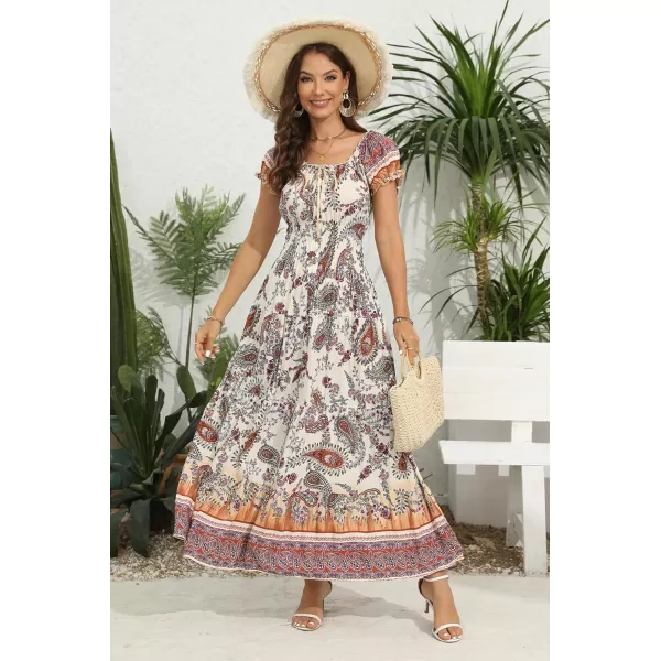 OSTOO Womens 2024 Summer Short Sleeves Boho Floral Print Tiered Casual Flowy Long Maxi DressApricot Cashew Floral