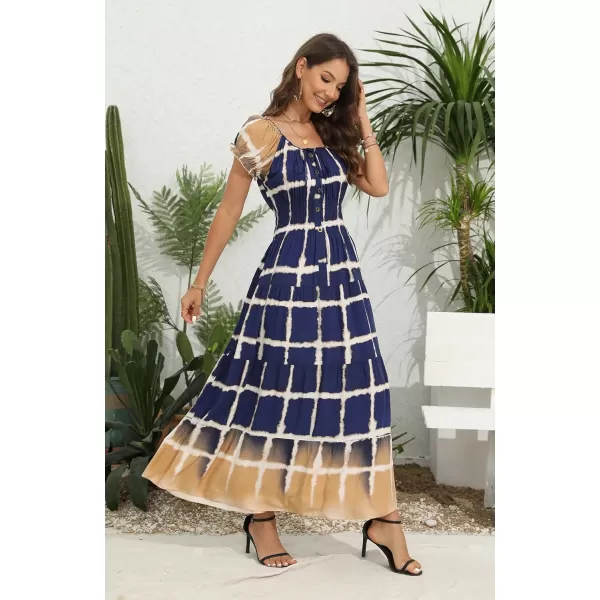 OSTOO Womens 2024 Summer Short Sleeves Boho Floral Print Tiered Casual Flowy Long Maxi DressBlue Plaid Gradient