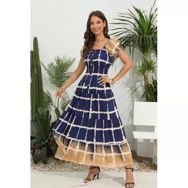 OSTOO Womens 2024 Summer Short Sleeves Boho Floral Print Tiered Casual Flowy Long Maxi DressBlue Plaid Gradient