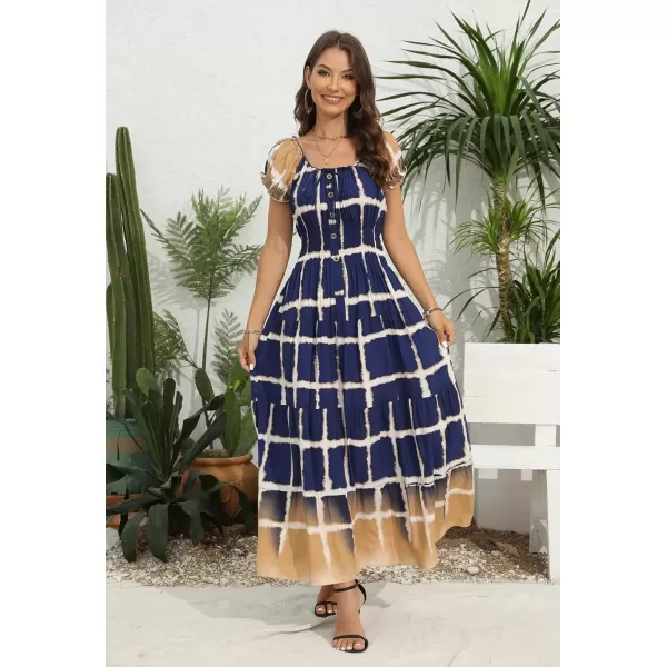 OSTOO Womens 2024 Summer Short Sleeves Boho Floral Print Tiered Casual Flowy Long Maxi DressBlue Plaid Gradient