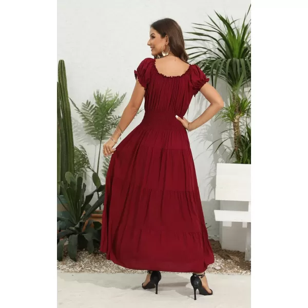 OSTOO Womens 2024 Summer Short Sleeves Boho Floral Print Tiered Casual Flowy Long Maxi DressBurgundy