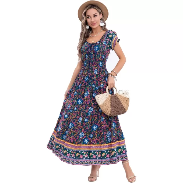 OSTOO Womens 2024 Summer Short Sleeves Boho Floral Print Tiered Casual Flowy Long Maxi DressDark Blue