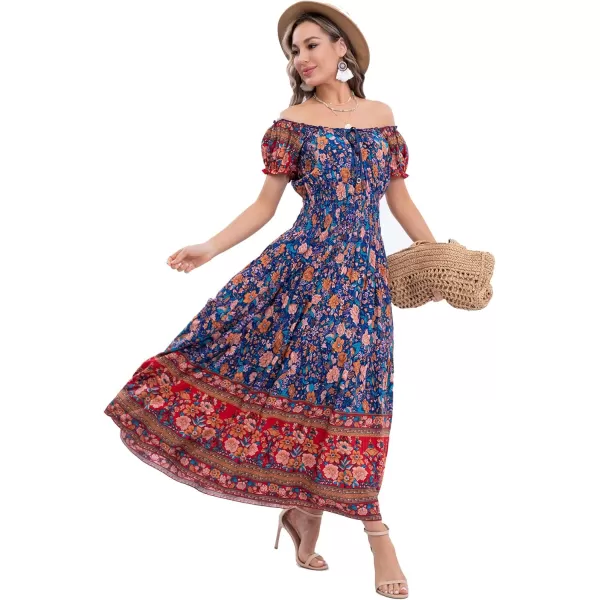 OSTOO Womens 2024 Summer Short Sleeves Boho Floral Print Tiered Casual Flowy Long Maxi DressDeep Blue Flowers
