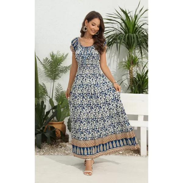 OSTOO Womens 2024 Summer Short Sleeves Boho Floral Print Tiered Casual Flowy Long Maxi DressFloral Blue