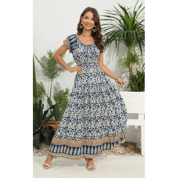 OSTOO Womens 2024 Summer Short Sleeves Boho Floral Print Tiered Casual Flowy Long Maxi DressFloral Blue