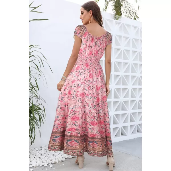 OSTOO Womens 2024 Summer Short Sleeves Boho Floral Print Tiered Casual Flowy Long Maxi DressFlowers Pink