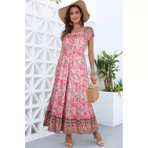 OSTOO Womens 2024 Summer Short Sleeves Boho Floral Print Tiered Casual Flowy Long Maxi DressFlowers Pink