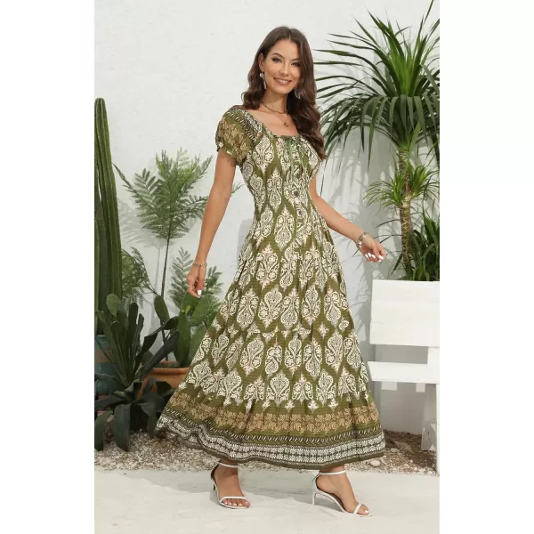 OSTOO Womens 2024 Summer Short Sleeves Boho Floral Print Tiered Casual Flowy Long Maxi DressGreen Flowers