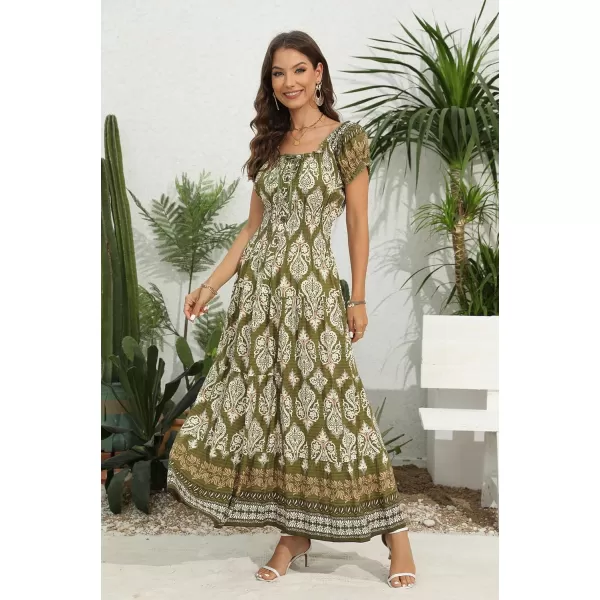 OSTOO Womens 2024 Summer Short Sleeves Boho Floral Print Tiered Casual Flowy Long Maxi DressGreen Flowers