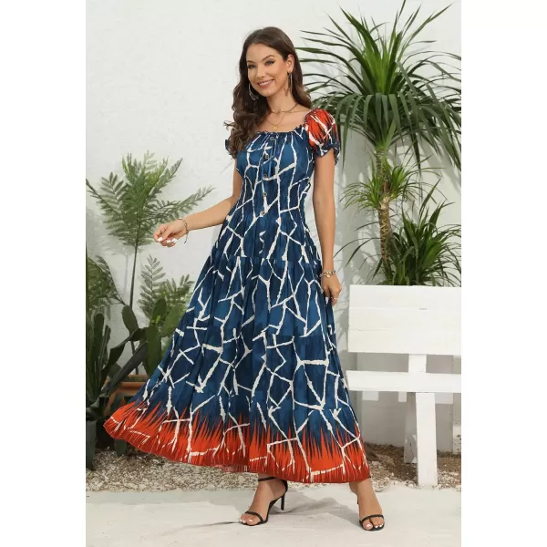 OSTOO Womens 2024 Summer Short Sleeves Boho Floral Print Tiered Casual Flowy Long Maxi DressNavy Blue Flowers