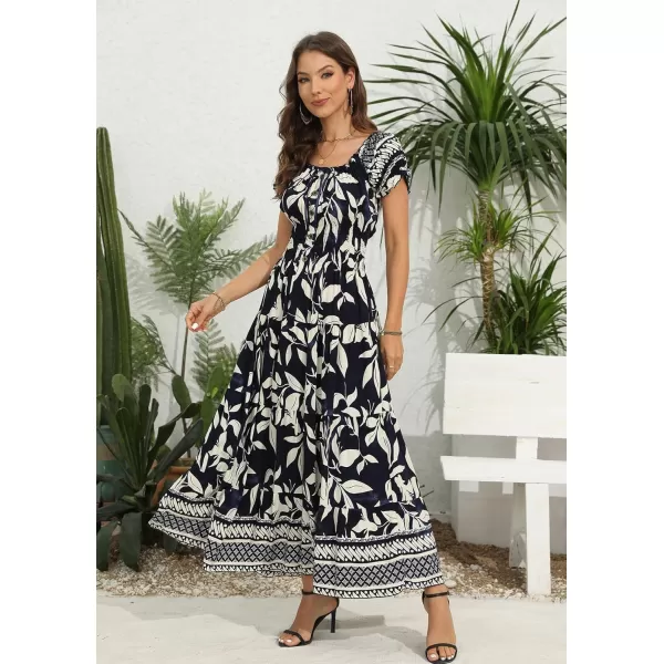 OSTOO Womens 2024 Summer Short Sleeves Boho Floral Print Tiered Casual Flowy Long Maxi DressNavy Leaf Flowers