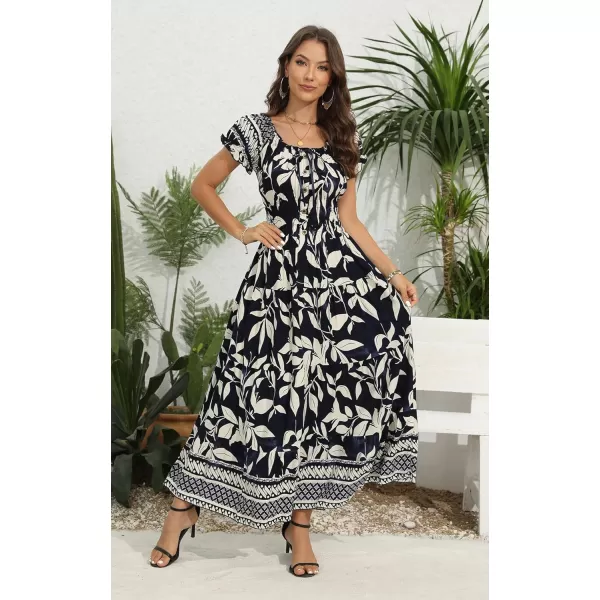 OSTOO Womens 2024 Summer Short Sleeves Boho Floral Print Tiered Casual Flowy Long Maxi DressNavy Leaf Flowers