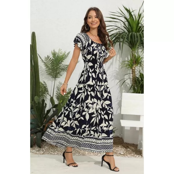 OSTOO Womens 2024 Summer Short Sleeves Boho Floral Print Tiered Casual Flowy Long Maxi DressNavy Leaf Flowers