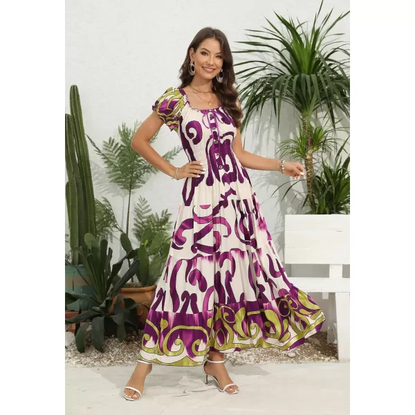 OSTOO Womens 2024 Summer Short Sleeves Boho Floral Print Tiered Casual Flowy Long Maxi DressPurple Flowers