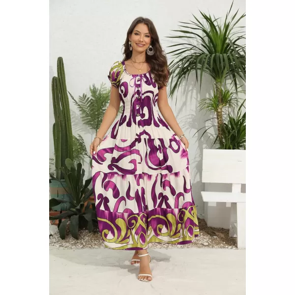 OSTOO Womens 2024 Summer Short Sleeves Boho Floral Print Tiered Casual Flowy Long Maxi DressPurple Flowers