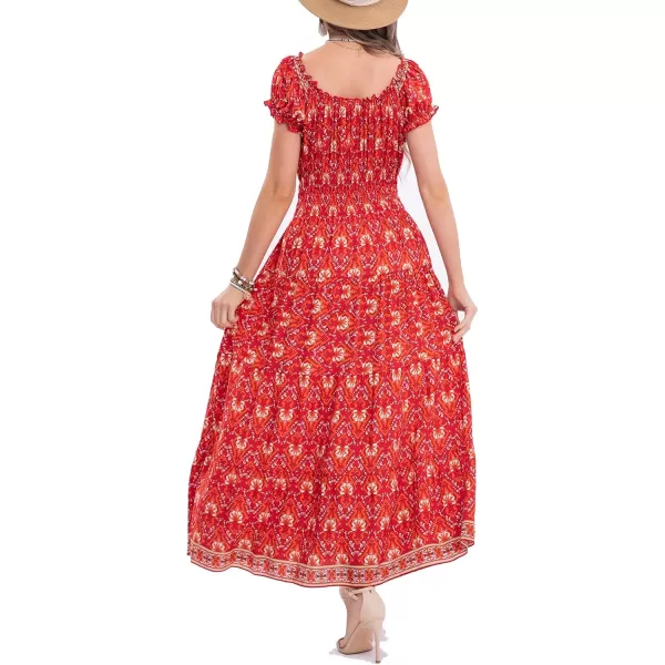 OSTOO Womens 2024 Summer Short Sleeves Boho Floral Print Tiered Casual Flowy Long Maxi DressRed Flowers