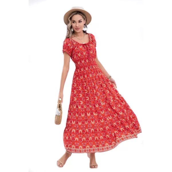 OSTOO Womens 2024 Summer Short Sleeves Boho Floral Print Tiered Casual Flowy Long Maxi DressRed Flowers
