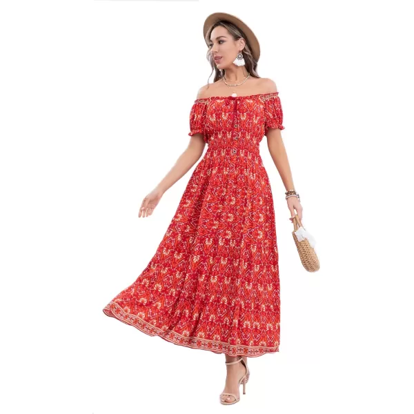OSTOO Womens 2024 Summer Short Sleeves Boho Floral Print Tiered Casual Flowy Long Maxi DressRed Flowers