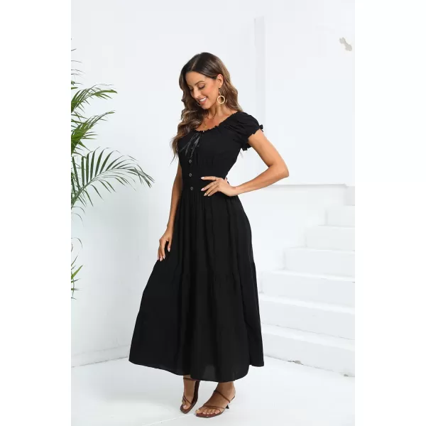 OSTOO Womens 2024 Summer Short Sleeves Boho Floral Print Tiered Casual Flowy Long Maxi DressSolid Black