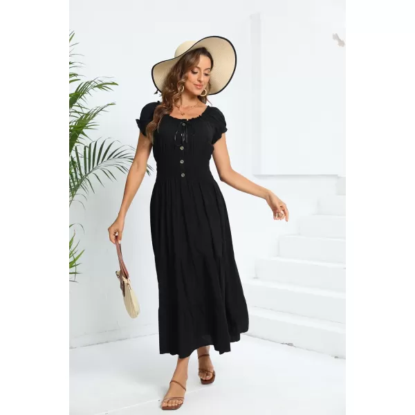 OSTOO Womens 2024 Summer Short Sleeves Boho Floral Print Tiered Casual Flowy Long Maxi DressSolid Black