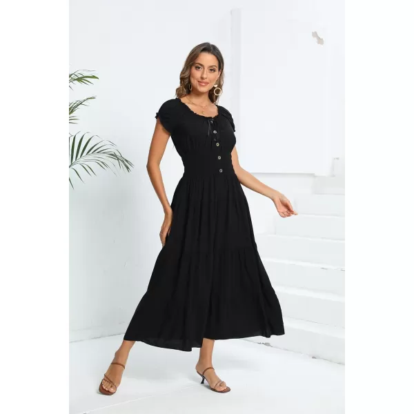 OSTOO Womens 2024 Summer Short Sleeves Boho Floral Print Tiered Casual Flowy Long Maxi DressSolid Black