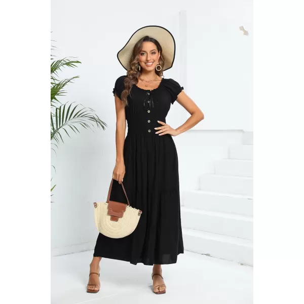 OSTOO Womens 2024 Summer Short Sleeves Boho Floral Print Tiered Casual Flowy Long Maxi DressSolid Black