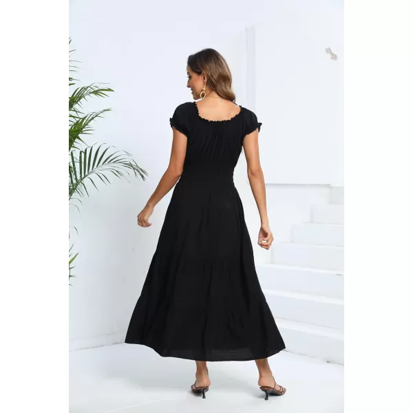 OSTOO Womens 2024 Summer Short Sleeves Boho Floral Print Tiered Casual Flowy Long Maxi DressSolid Black