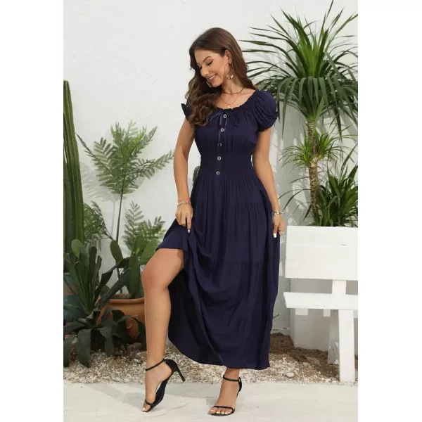OSTOO Womens 2024 Summer Short Sleeves Boho Floral Print Tiered Casual Flowy Long Maxi DressSolid Navy