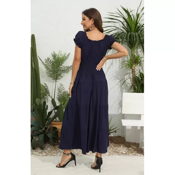 OSTOO Womens 2024 Summer Short Sleeves Boho Floral Print Tiered Casual Flowy Long Maxi DressSolid Navy