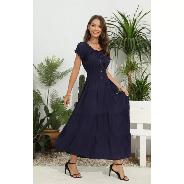 OSTOO Womens 2024 Summer Short Sleeves Boho Floral Print Tiered Casual Flowy Long Maxi DressSolid Navy