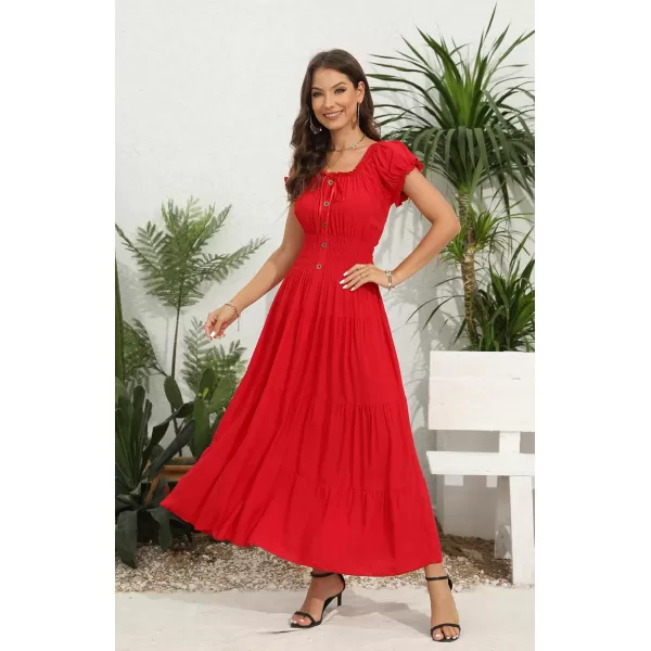 OSTOO Womens 2024 Summer Short Sleeves Boho Floral Print Tiered Casual Flowy Long Maxi DressSolid Red