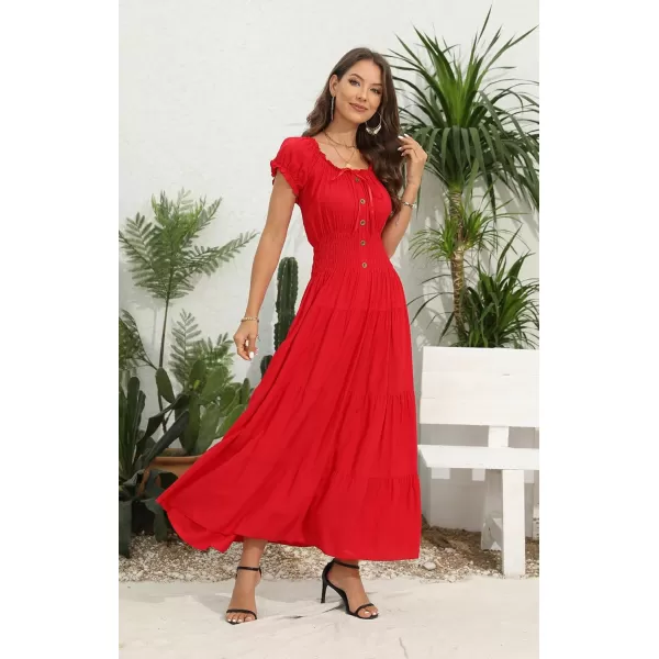 OSTOO Womens 2024 Summer Short Sleeves Boho Floral Print Tiered Casual Flowy Long Maxi DressSolid Red