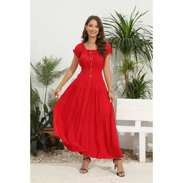 OSTOO Womens 2024 Summer Short Sleeves Boho Floral Print Tiered Casual Flowy Long Maxi DressSolid Red
