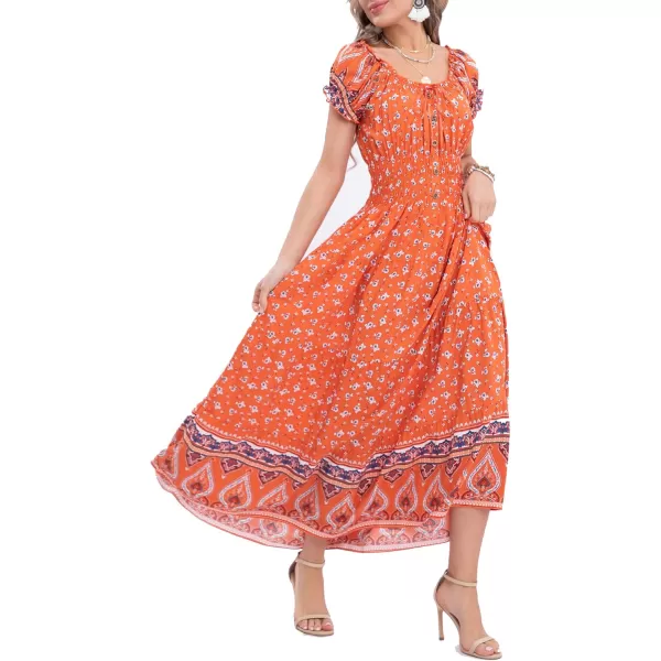 OSTOO Womens 2024 Summer Short Sleeves Boho Floral Print Tiered Casual Flowy Long Maxi DressTangerine Flowers