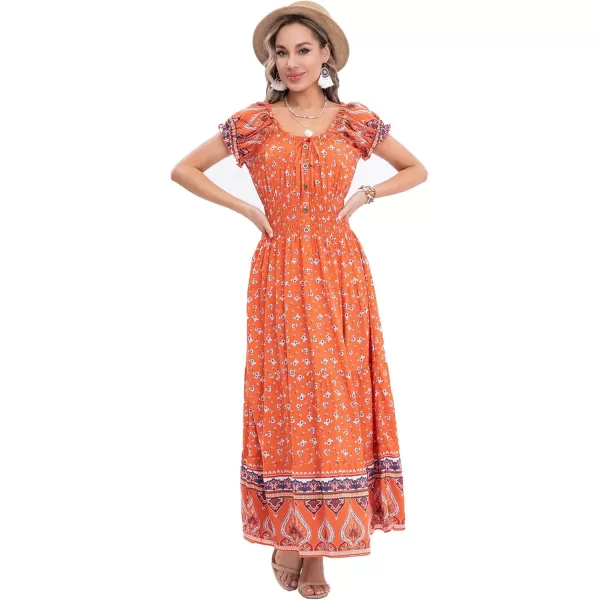 OSTOO Womens 2024 Summer Short Sleeves Boho Floral Print Tiered Casual Flowy Long Maxi DressTangerine Flowers