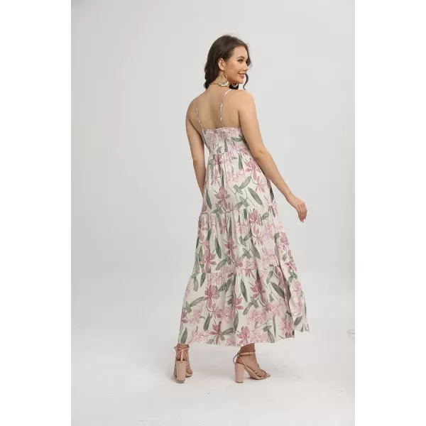 OSTOO Womens Floral Print Maxi Dresses Sleeveless Sleeves Boho Empire Waist DressApricot C