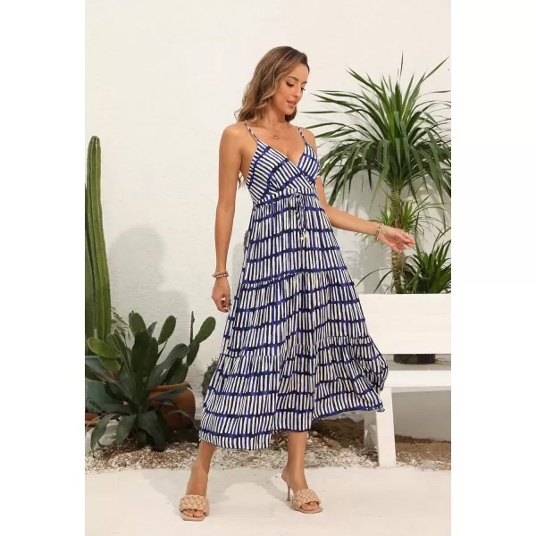OSTOO Womens Floral Print Maxi Dresses Sleeveless Sleeves Boho Empire Waist DressBlue Stripe Print