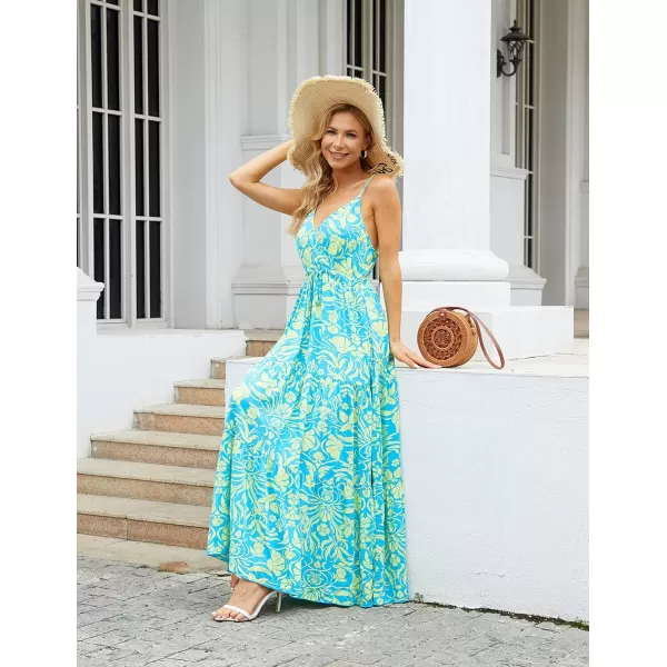 OSTOO Womens Floral Print Maxi Dresses Sleeveless Sleeves Boho Empire Waist DressFloral Blue