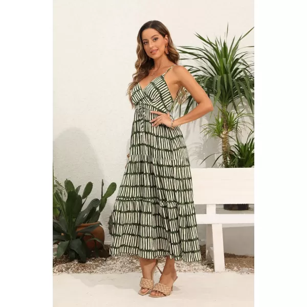OSTOO Womens Floral Print Maxi Dresses Sleeveless Sleeves Boho Empire Waist DressGreen Stripe Print