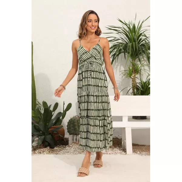 OSTOO Womens Floral Print Maxi Dresses Sleeveless Sleeves Boho Empire Waist DressGreen Stripe Print
