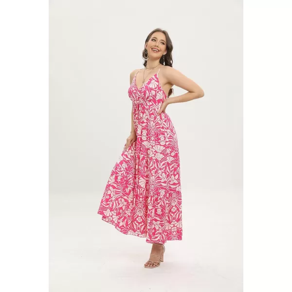 OSTOO Womens Floral Print Maxi Dresses Sleeveless Sleeves Boho Empire Waist DressRose Red