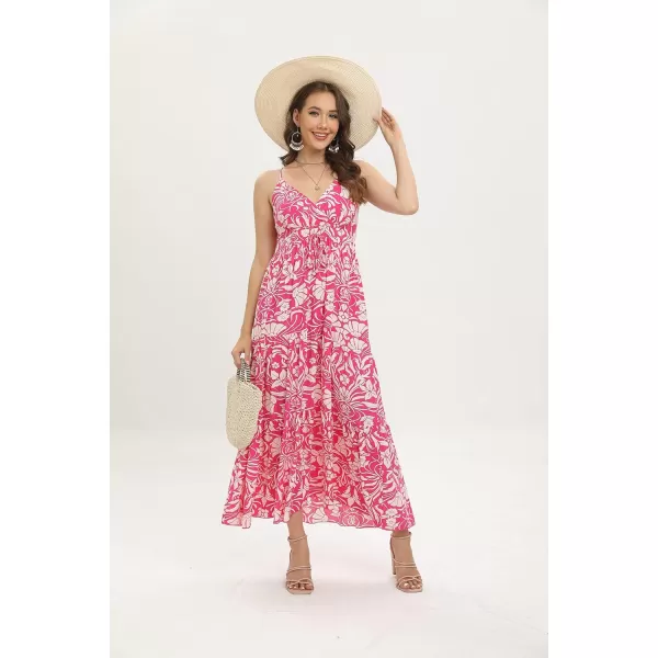 OSTOO Womens Floral Print Maxi Dresses Sleeveless Sleeves Boho Empire Waist DressRose Red